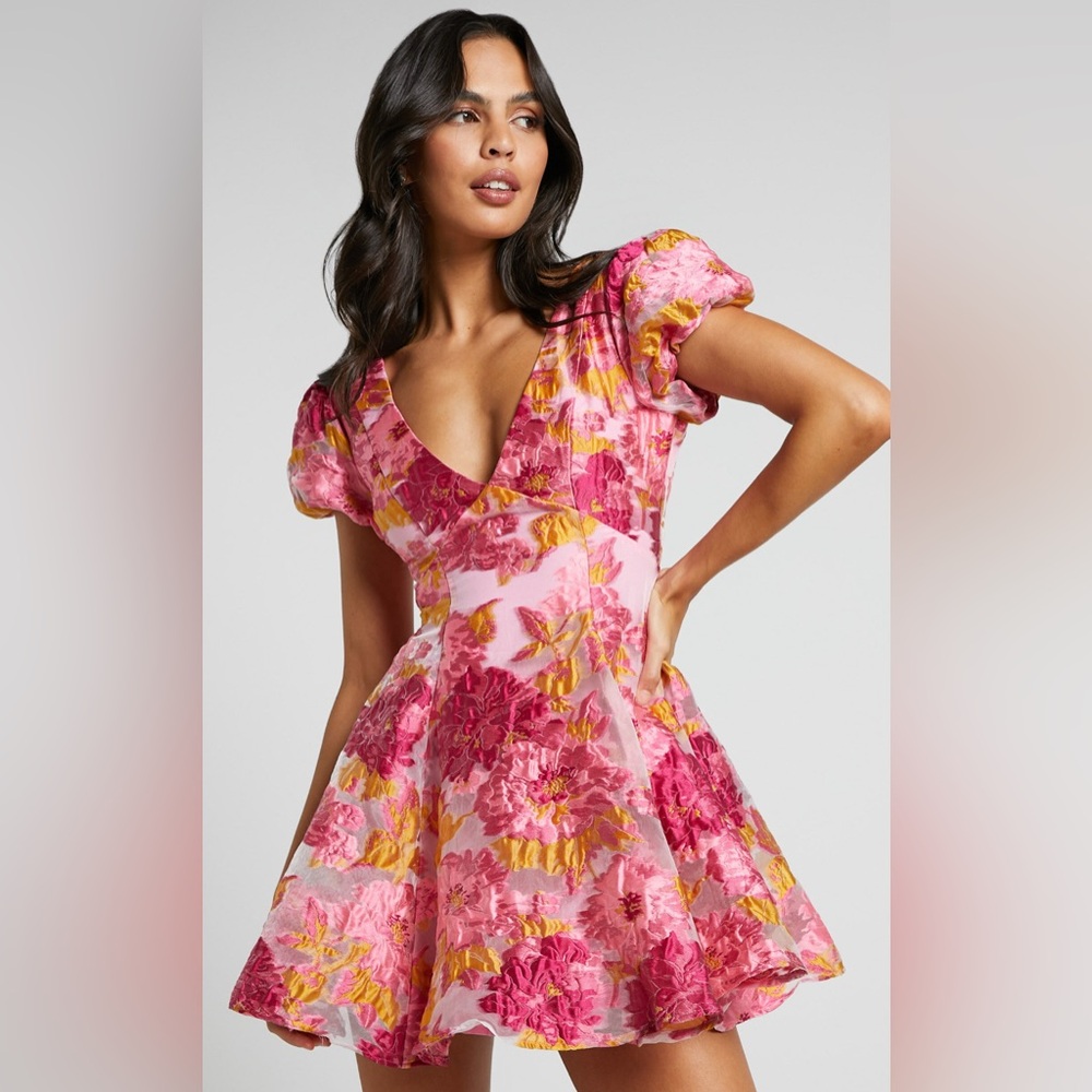 BRAILEY JACQUARD MINI DRESS (US12) - PUFF SLEEVE DRESS IN PINK